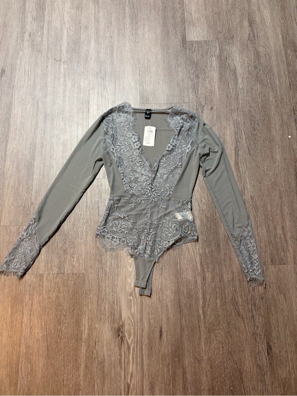 Windsor Gray Lace Plunge Long Sleeve Bodysuit